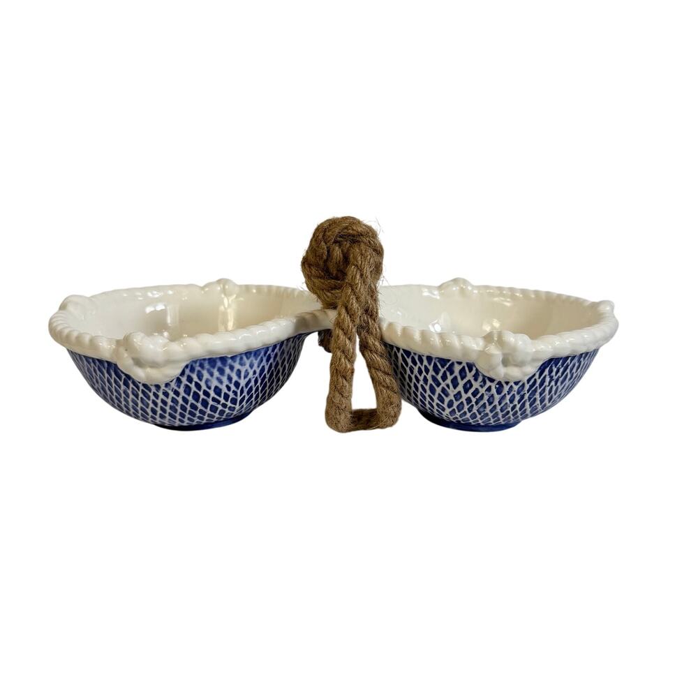 Mud Pie Coastal Nautical Ceramic Double Dip Bowl Blue Net Jute Rope Handle